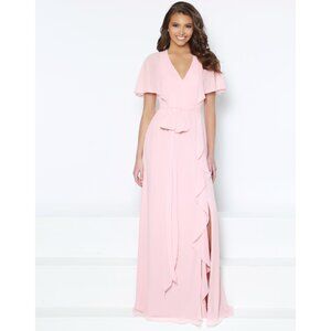Long Pink Chiffon Bridesmaid Dress with Sleeves. Size 10. Pockets